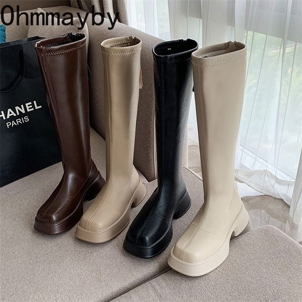 Stiefel Winter Plattform Frauen Lange Stiefel Zurück Reißverschluss Damen Elegante Weiche PU Leder Kniehohe Dicke Sohle Halten Warme Schuhe 221109