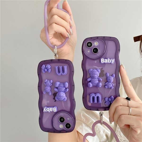 Custodia per telefono Bear per iPhone 14 Pro Max Plus Baby TPU 3D Purple Wave Love Cover posteriore con cinturini