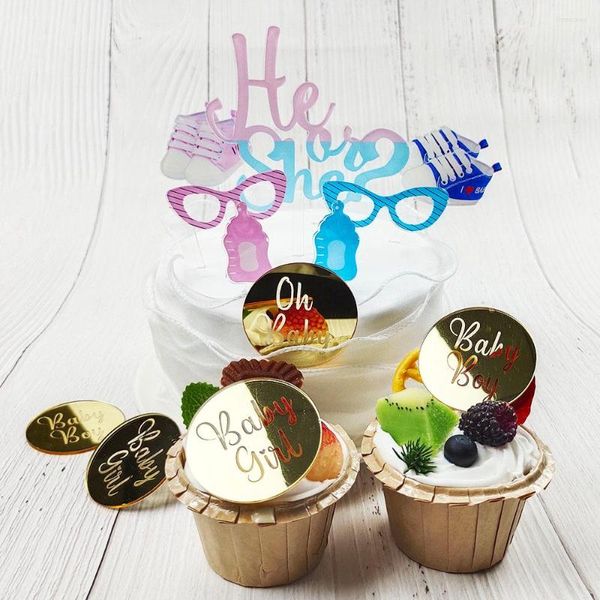 Abastecimento festivo 10pcs Chá de bebê de ouro Feliz aniversário Toppers espelhos espelhos de acrílico Cupcakes de cartas decorações de festa menino menina