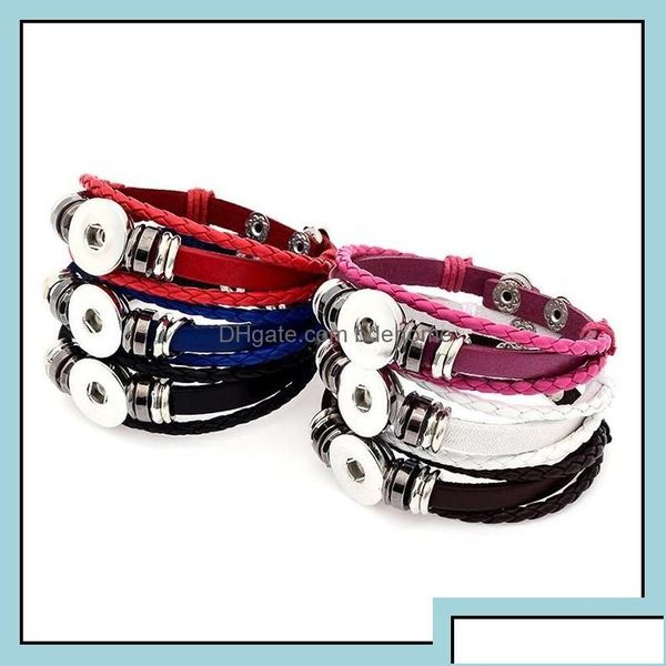 Charm-Armbänder Charm-Armbänder Pu-Leder Mtilayer geflochten 18 mm Druckknopf-Armband Colorf Schwarz Weiß Frauen Männer Punk-Armreif Noosa Otmqd