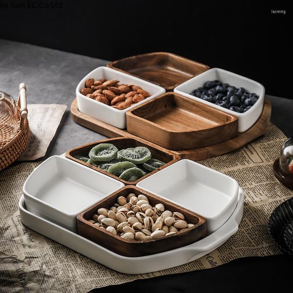 Piatti Piatto snack in legno massello Caramelle in ceramica Soggiorno per la casa Tavolino Scomparto Scatola portaoggetti Frutta secca