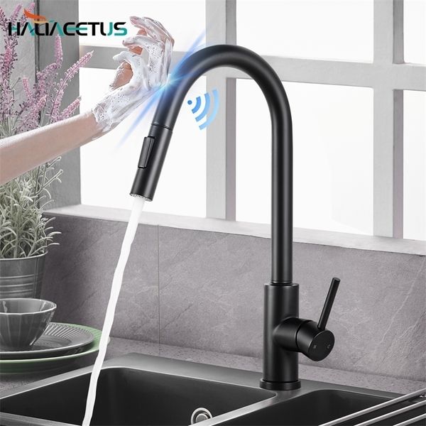 Küchenarmaturen Smart Sensor Auszieh- und Kaltwasserschalter Mischbatterie Touch Spray Black Crane Sink 221109