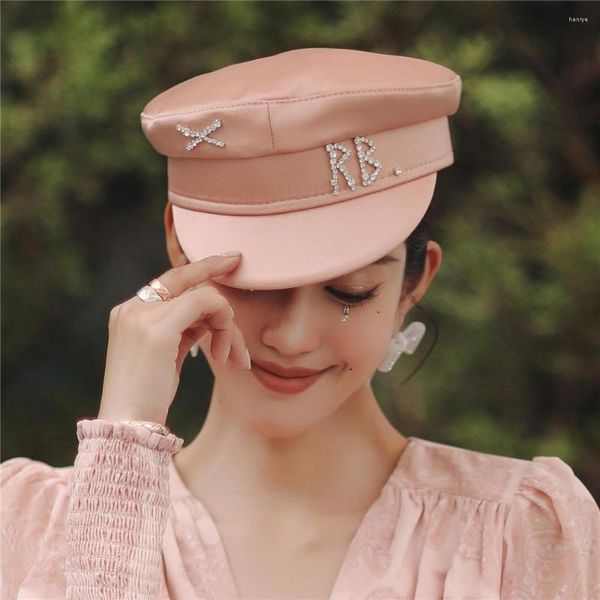 Berets 2024 Marke Designer Frühling Sommer Caps Frauen Zwei-farbige Sboy Cap Kristall Verziert Satin Baker Boy Hut