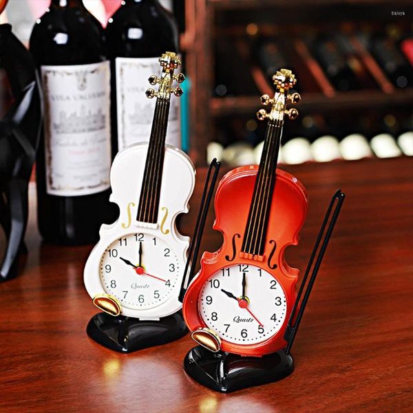 Orologi da tavolo Simulazione Violino Moda creativa Sveglia semplice Forma di strumento musicale Cartoon Desktop Soggiorno Ornamenti Decorazioni per la casa