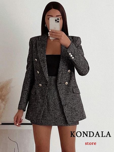 İki parçalı elbise kondala vintage gri blazer takım elbise kadınlar şık ofis bayan altın düğmeler cepleri yüksek bel mini etek moda 2022 set