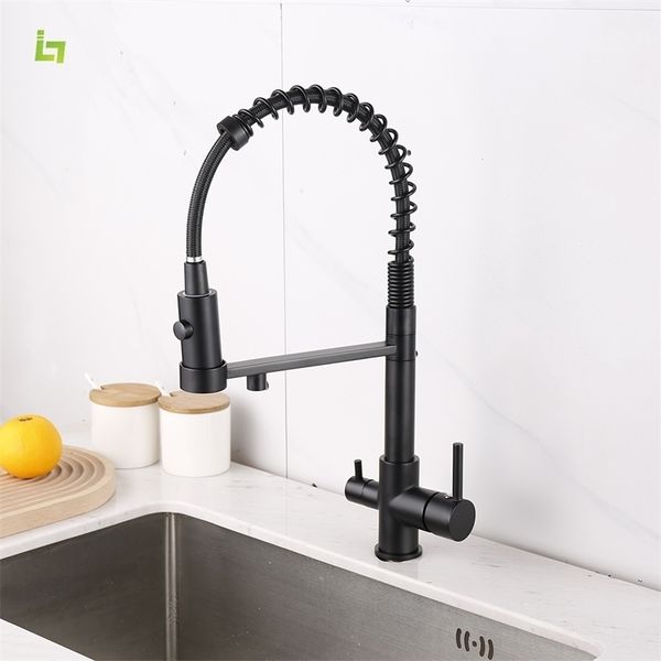 Rubinetti della cucina Rubinetto per la purificazione dell'acqua Nero e freddo rotante estraibile Materiale in ottone Miscelatore per lavello Rubinetto per lavaggio potabile 221109