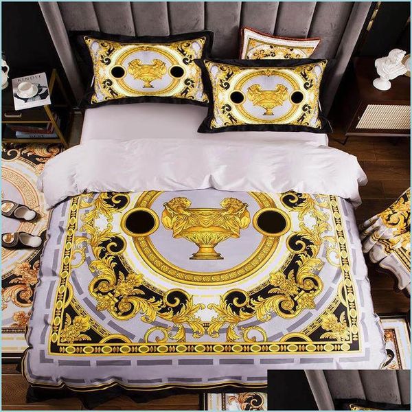 Set di biancheria da letto Highend French Italy Design Motivo giallo Stampa 4 pezzi King Queen Size Trapunte Bianco Blu Oro Lenzuolo Biancheria da letto di lusso S Dhawc