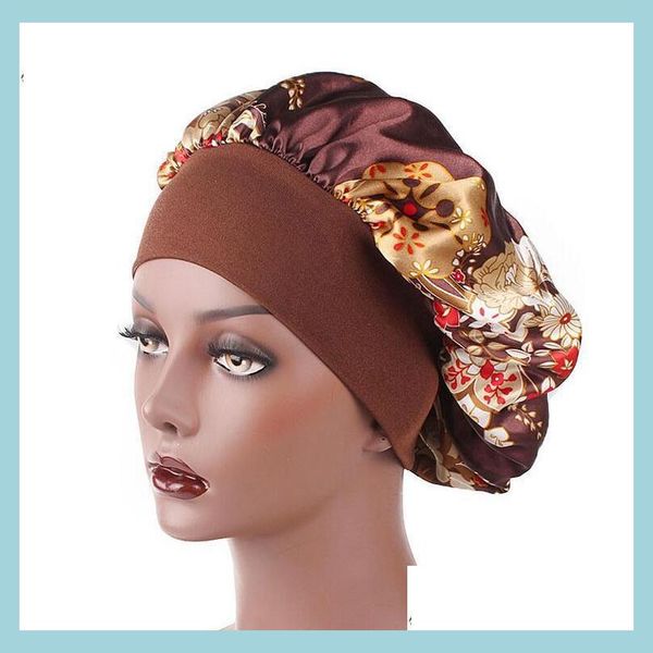 Berretti a cuffia/teschio da donna in raso da notte berretto da notte per capelli cappello a cuffia in seta testa Er ampia fascia elastica cuffie da doccia 18 colori consegna di goccia Fas Dh4Ve