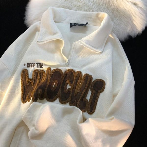 Felpe con cappuccio da donna America Felpe da baseball ricamate con lettera retrò Pullover a mezza zip Streetwear Giacca floccata Felpa con cappuccio con zip gotica Y2k Top