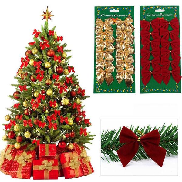 Decorações de Natal 12pcs arcos pendurados ornamentos de árvore de arco vermelho prateado de ouro ano 2022 Navidad Kerst Decor