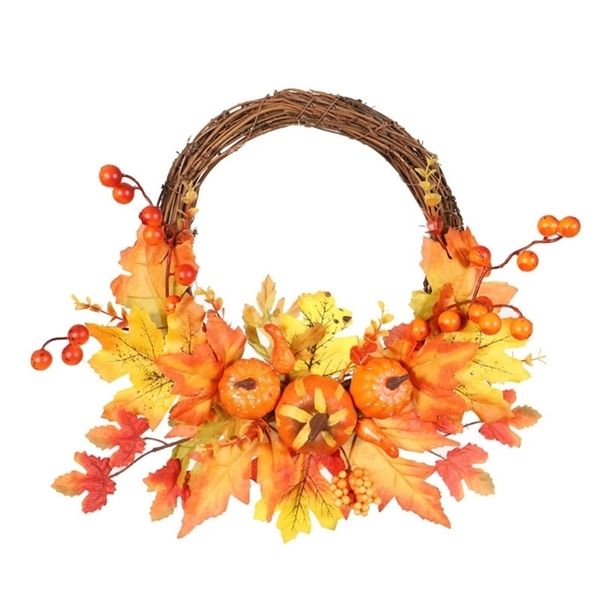 Fiori decorativi Ghirlande Tema autunnale Porta Ghirlanda Zucca artificiale Bacche Pigna Acero Ghirlanda artificiale Panno Rattan Materiale Decorazione domestica 221109