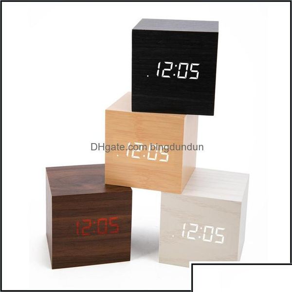 Relógios de mesa Relógios decoração de casa jardim mini digital de madeira led despertle clock madeira retro brilho de desktop controle de voz sn f otbuc