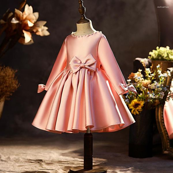 Mädchenkleider Rosa Baby Mädchen Lange Ärmel Hochzeit Blumenkleid Kleinkind Kleinkind Satin Formale Schleife Prinzessin Geburtstag Festzug