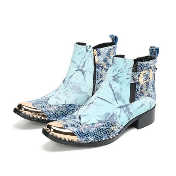 Blaue Herrenstiefel aus echtem Leder, Western-Cowboystiefel, Hochzeitskleid-Schuhe, formelle Herren-Stiefelette, Business-Schuhe