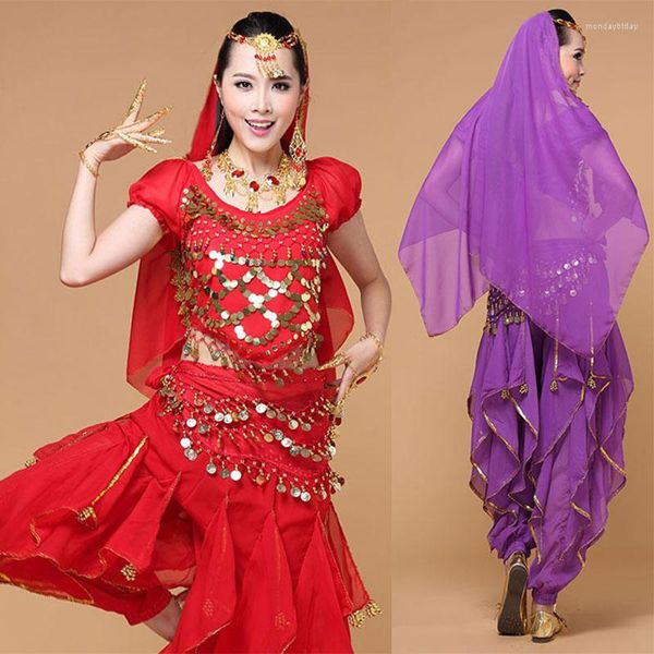 Bühnenkleidung 4-teiliges Bauchtanz-Kostüm-Set für Damen für Leistung, Bollywood-Wettbewerb, sexy Pailletten-Tops, Indien, Flamenco, orientalischer Bauchtanz