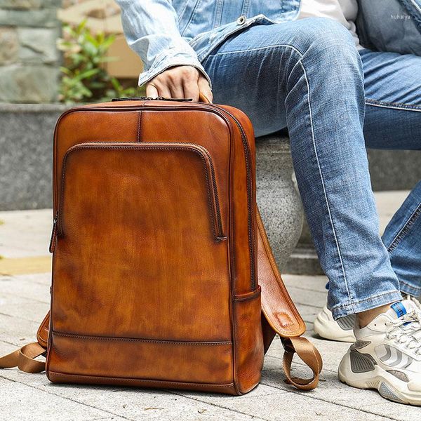 Zaino Luufan Men Business Vintage in vera pelle da 15 pollici per laptop Zaino da scuola per borse da viaggio in pelle bovina per studenti