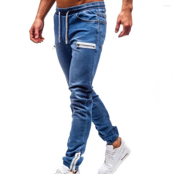 Jeans masculinos 2023 calças de jeans de verão com zíper fosco Men Bolsões Multi-bolsos amarrados por namorar roupas casuais de moda