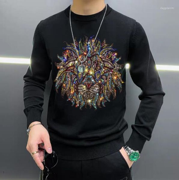 Blusas masculinas Rhinestones Europe estilo homem homem streetwear de moda o pescoço suéter de manga comprida algodão M-3x