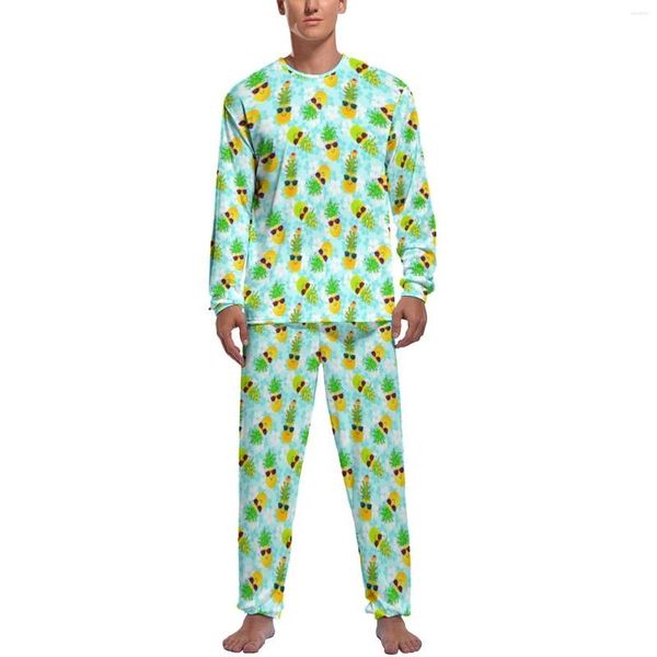 Herren-Nachtwäsche, Weihnachts-Ananas-Pyjama, Winter, lustige tropische Zimmer-Nachtwäsche, 2-teiliges, individuelles, langärmliges, cooles Pyjama-Set