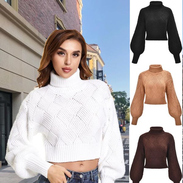 Camisces vintage Autumn e Winter Turtleneck Pullovers Tops de malha básicos Puxe femme tops curtos suéter de manga comprida Mulheres