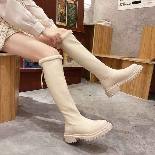 Moda donna Stivali in pelle Stivali lunghi da donna al ginocchio nuovo autunno e inverno versione coreana cerniera posteriore coscia tacco alto tacchi spessi suole scarpe da donna