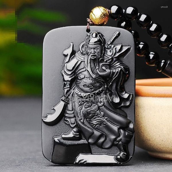 Anhänger Halsketten Schöne natürliche schwarze Obsidian geschnitzt chinesische GuanGong Amulett Glück kostenlose Perlen Halskette Mode Kristall Schmuck