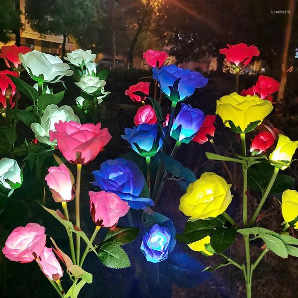 Flores decorativas de 73 cm de altura de flor artificial rosa noite luz alimentada por lâmpadas solars de jardim à prova d'água Pátio de lâmpadas de flores do caminho