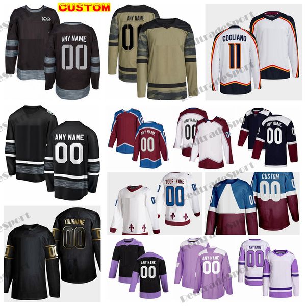 Custom 2022 Reverse Retro Hockey Jerseys MacKinnon Landeskog Rantanen Makar Nichushkin Camo Fights Cancer Sakic Forsberg Toews Georgiev Lehkonen Compher O'Connor