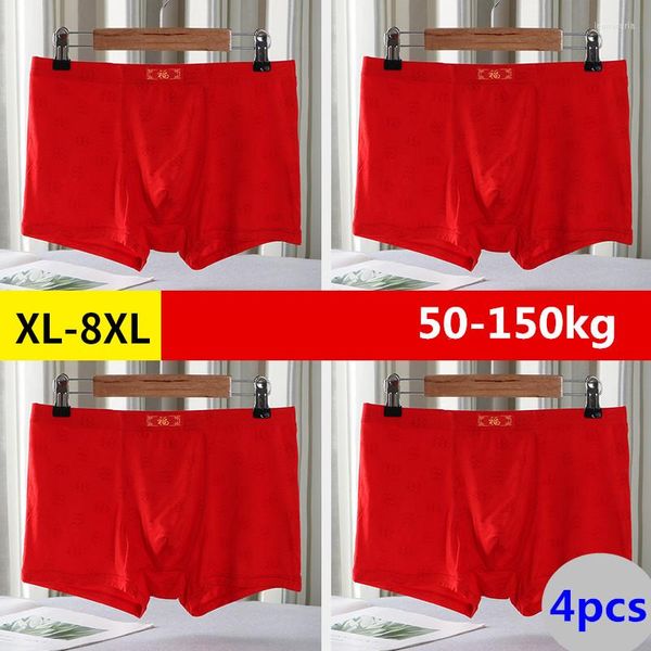 Mutande 4 PZ Uomo Mutandine stile cinese Pantaloncini boxer intimo uomo rosso Fat Plus Taglia L- 8XL 150 kg Pantaloni oversize modali