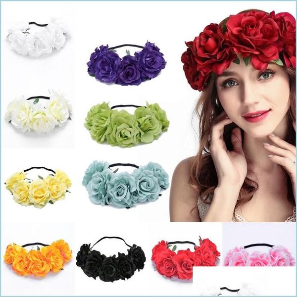 Flores decorativas grinaldas rosa faixa de cabeça Bohemian coroas praia havai florais guirlanda de casamento grinaldas festival de férias hair dhy6h