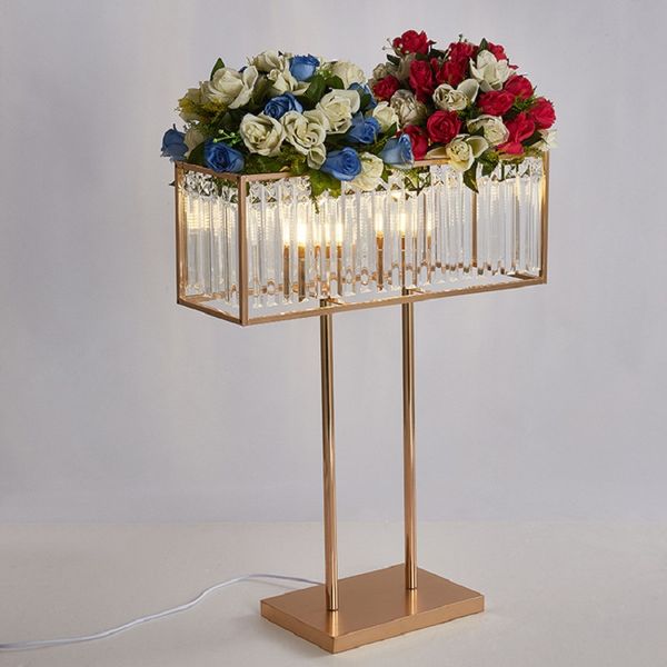 Kerzenhalter, Hochzeits-Mittelstück, Glaskristall-Anhänger, Blumenständer, rechteckiger Haupttisch, Blumenarrangement, Dekoration, Ornamente