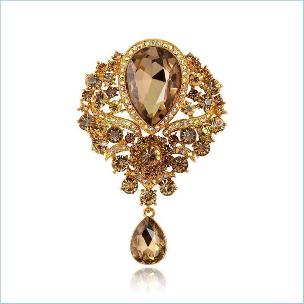 Pins Broschen Große Tropfen Brosche Pins Großhandel 18K Goldplatte Kristall Strass Brautjungfer Hochzeit Party Einladung Abschlussball Brooc Dhgqu