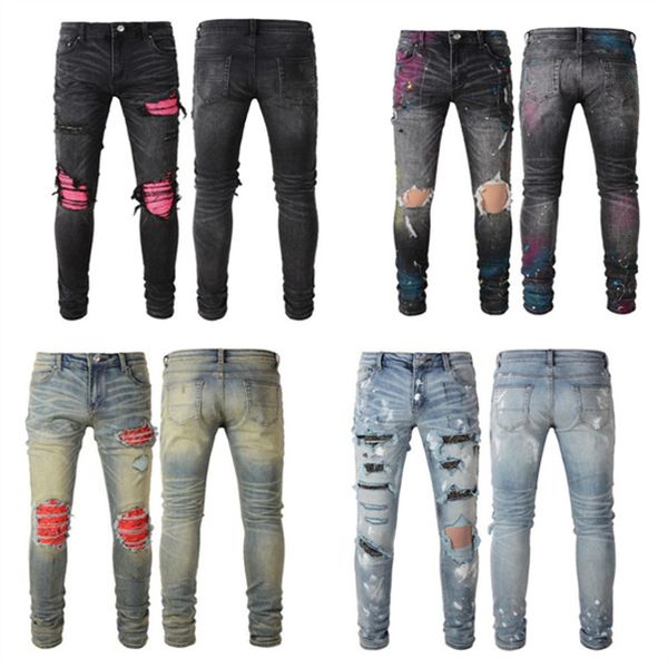 Schwarze Designer-Cargohose, Jeans für Herren, Biker-Jeans, zerrissene, schmale Stretch-Jeans, Distressed-Motorrad-Denim-Passform, Hip-Hop-Jogginghose mit geradem Bein, Patchwork