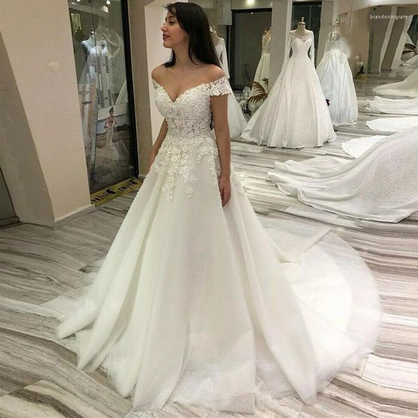 Hochzeitskleid elegante Glitzer T￼ll Applique Blumen Spitze Brautkleider von der Schulter A-Line-Kleider 2022