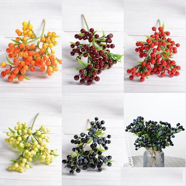 Flores decorativas grinaldas de natal Berry 7 Fork Simação laranja roxa decoração frutas frutas de mirtilo artificial home d dhs1a