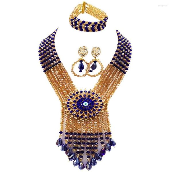 Серьги по ожерелью устанавливают королевские голубые шампанское золото африканские бусинки ювелирные украшения хрустальные нигерийские нигерийские свадебные вечеринки 6sdls02