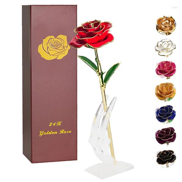 Dekorative Blumen mit langem Stiel, 24 Karat Gold getauchte Rose, künstliche ewige Rose, mit Mondständer, in Geschenkbox, Geburtstag, Muttertag, für Mädchen und Frauen