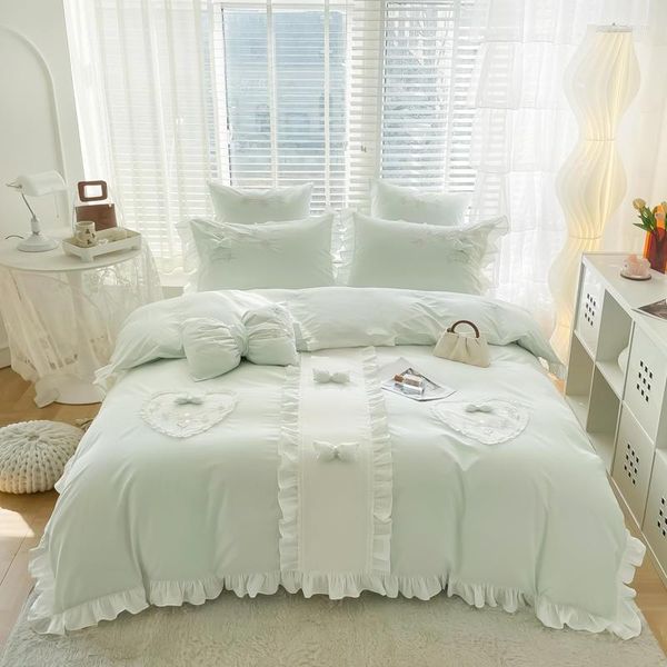 Set di biancheria da letto in cotone per ragazze adorabile set elegante con volant copripiumino artigianale squisito lenzuolo federe principessa 4 pezzi