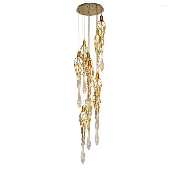 Chandeliers Art Deco Long Crystal Chandelier Iluminação de cobre AC110 220V Lustre Staircase BAR LUZ