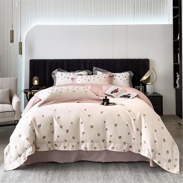 Set di biancheria da letto Chic Dots Ricamo Copripiumino Set di lusso 1000TC Cotone egiziano Rosa Grigio 4 pezzi Federe per lenzuolo ultra morbido