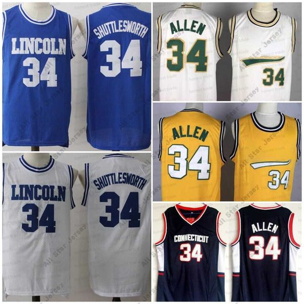 Jerseys de basquete NCAA UConn Connecticut Huskies 34 Ray Allen Men Basketball College Filme Lincoln 34 Jesus Shuttlesworth Jersey