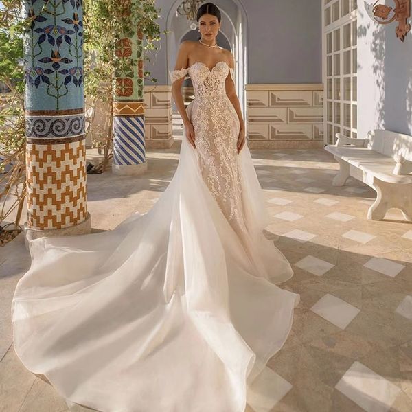Sirena staccabile 2 in 1 abito da sposa in pizzo ricamato castello abito da sposa al largo della spalla sexy vestido de novia 326 326