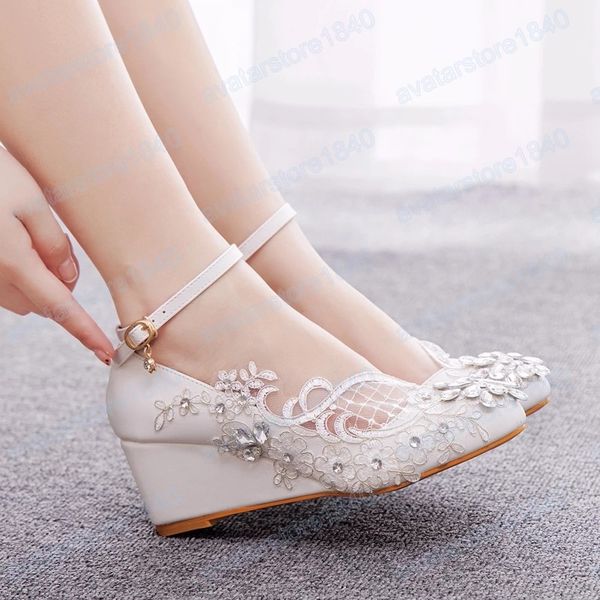 Frauen Strass Weiße Spitze Hochzeit Schuhe Keile 5CM High Heels Ankle Strap Damen Braut Party Tanz Pumpen