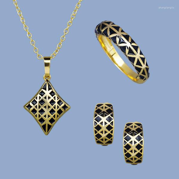 Halskette Ohrringe Set Vintage-Schmuck Damen Geometrisch Schwarz Emaille Ring Punk Gelb Gold Farbe Party Cocktail Epoxy Für Frauen