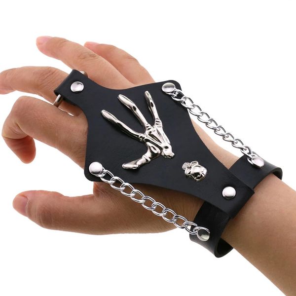 Schwarzes Lederarmband Armband Manschette Goth Gothic Punk Armbänder Damen Herren Skelett Ohrstecker Armreif Cosplay Rock Unisex Schmuck