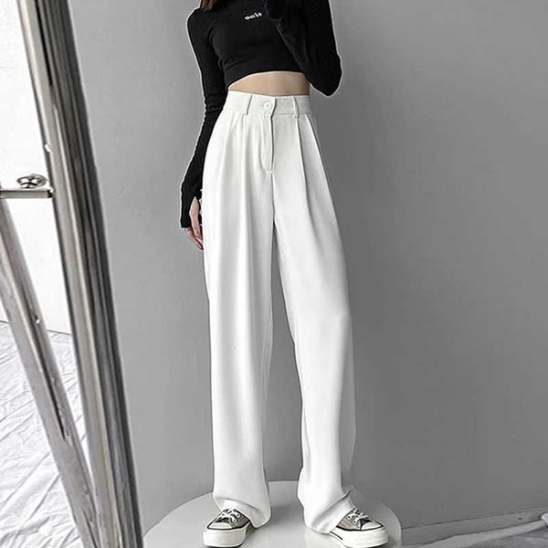 Pantaloni da donna Pantaloni Capris per donna Abito estivo 2022 Bianco Vita alta Fluido Stile coreano Gamba larga Palazzo Dritto Moda Casual Y2211