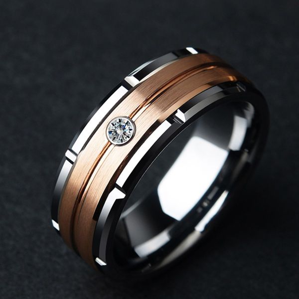 Mode Herren abgeschrägte Stahlringe Rose Gold Farbe gebürstet Inlay Zirkon Ring Herren Ehering Schmuck Geschenk