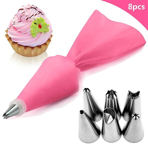 Ferramentas de panificação 8pcs kit de decoração de bolo reutiliza aço inoxidável dicas de gelo de silicone saco de pastelaria Diy cozinha acessórios