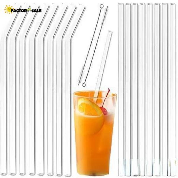 Açık cam saman 200x8mm yeniden kullanılabilir düz bükülmüş cam içme pipetleri fırça ile smoothies için çevre dostu cam pipetler kokteyller fy4703 c1110