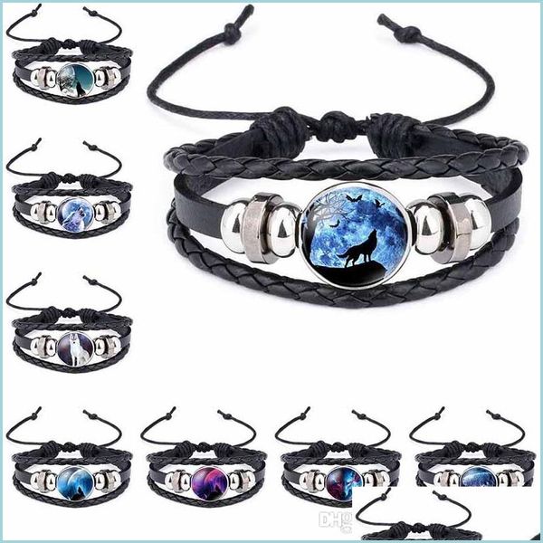 Braccialetti con ciondoli Lupo lunare Cabochon in vetro fatto a mano Braccialetti in pelle intrecciata Braccialetti con animali punk neri Gioielli hip-hop Dr Dhpys